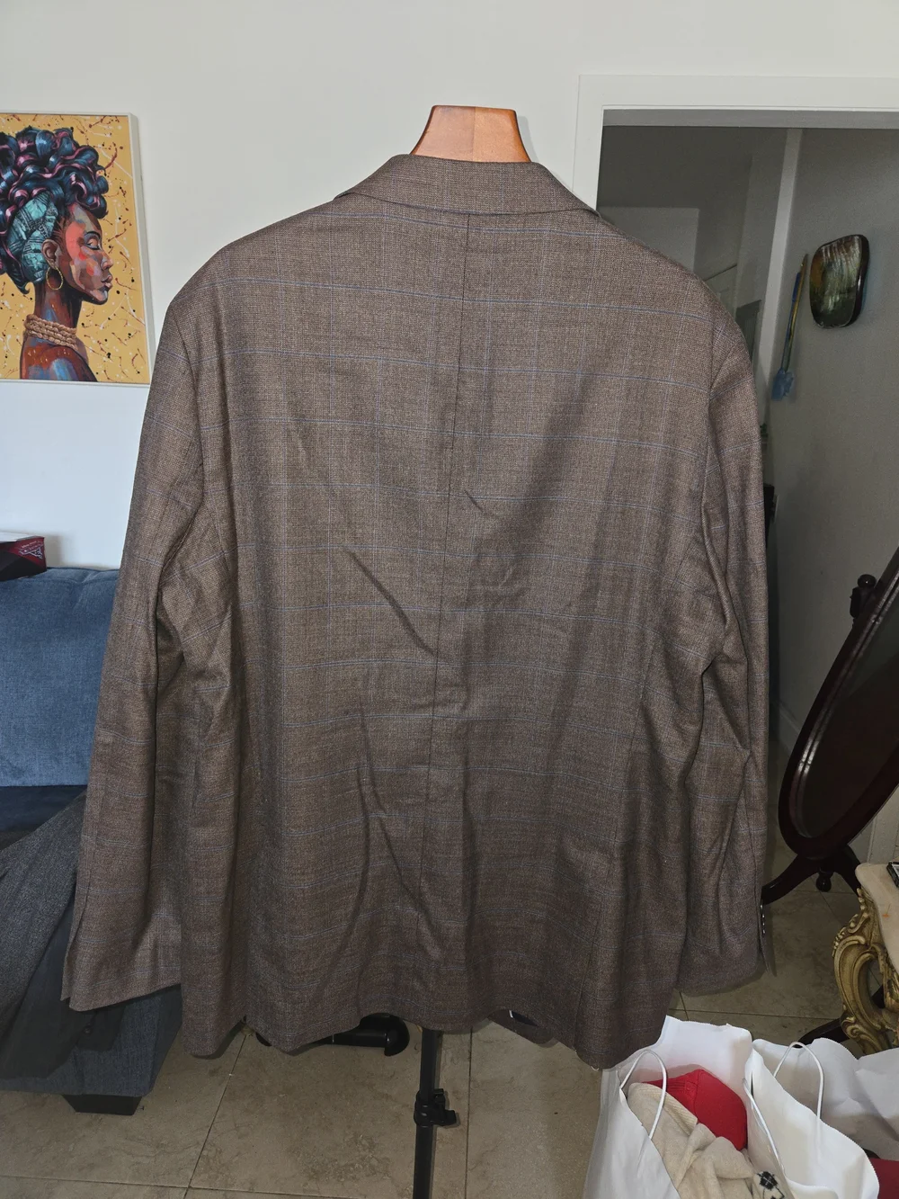 Jos. A. Bank 1905 Brown Blue Windowpane Wool Sport Coat Blazer 48L Tailored Fit